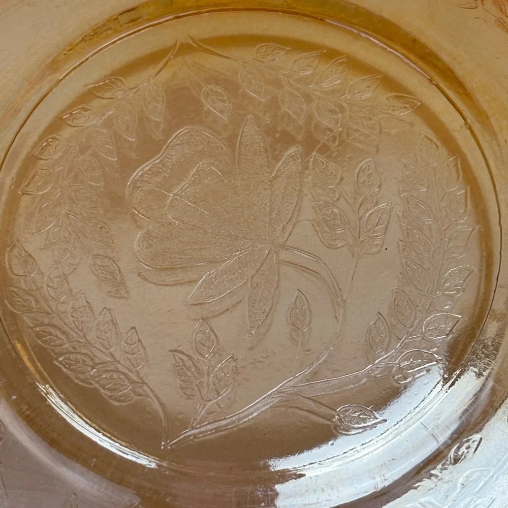 Vintage Amber Carnival Glass‎ Bowl — Raised Floral Pressed Pattern Scrolled Edge